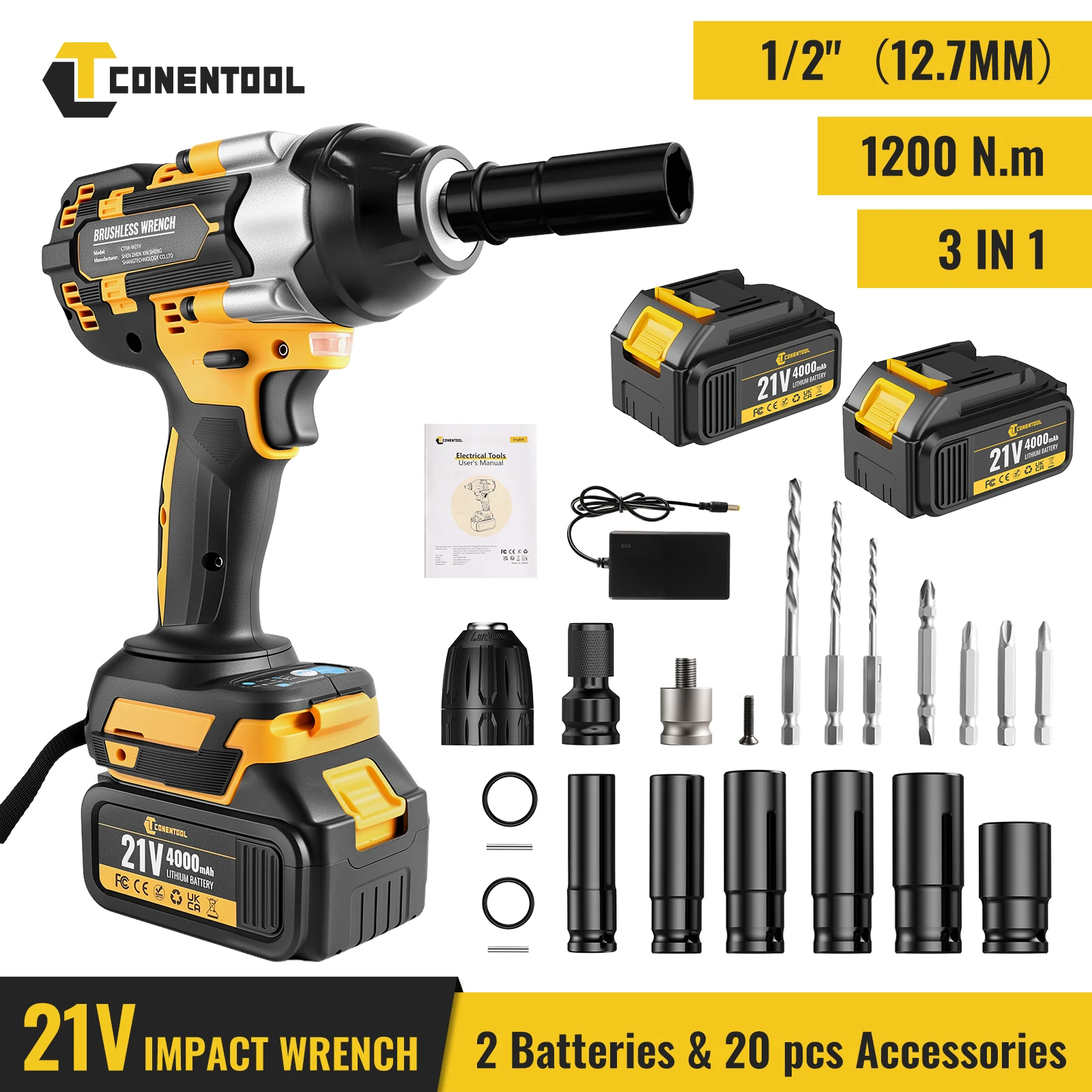 Conentool 3in1 1200N.m couple électrique 4600 tr/min clé à chocs sans fil 21V 4.0Ah batterie pour Makita ensemble d'outils à usage domestique