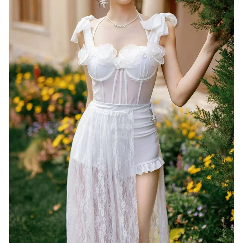 Chic Floral ชุดว่ายน้ําผู้หญิงดูผ่านตาข่าย Lace Up เอวสูง One Piece ชุดว่ายน้ําลูกไม้ชุดชายหาดใหม่ Elegant ชุดว่ายน้ําเซ็กซี่