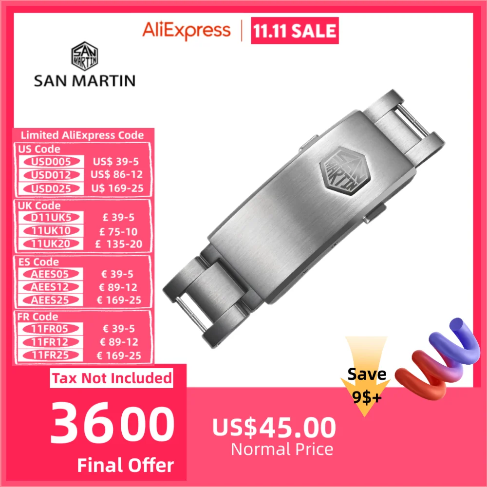 San Martin 16mm 316L Stainless Steel On The Fly Adjustable Watch Clasp For Notched Pins & Tubes Structure Bracelet BK1642-KGV1