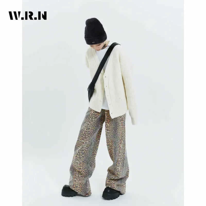 Women's Retro Wide Leg Baggy Casual Denim Trouser Harajuku Aesthetic High Waist Loose Jeans 2024 Spring Leopard Print Pants