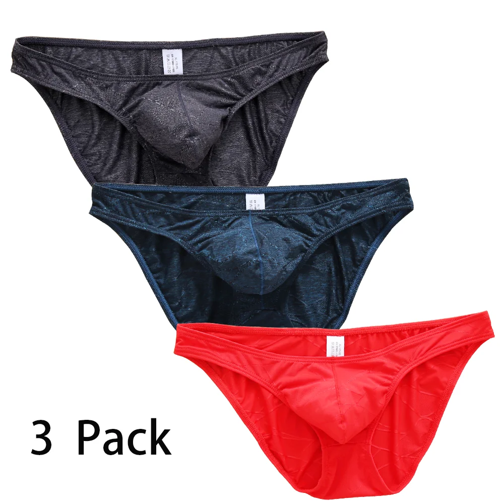 3 Pack High quality Men\'s briefs Red underwear ice silk breathable silky student sexy Soft Short Comfortable boys pouch convex