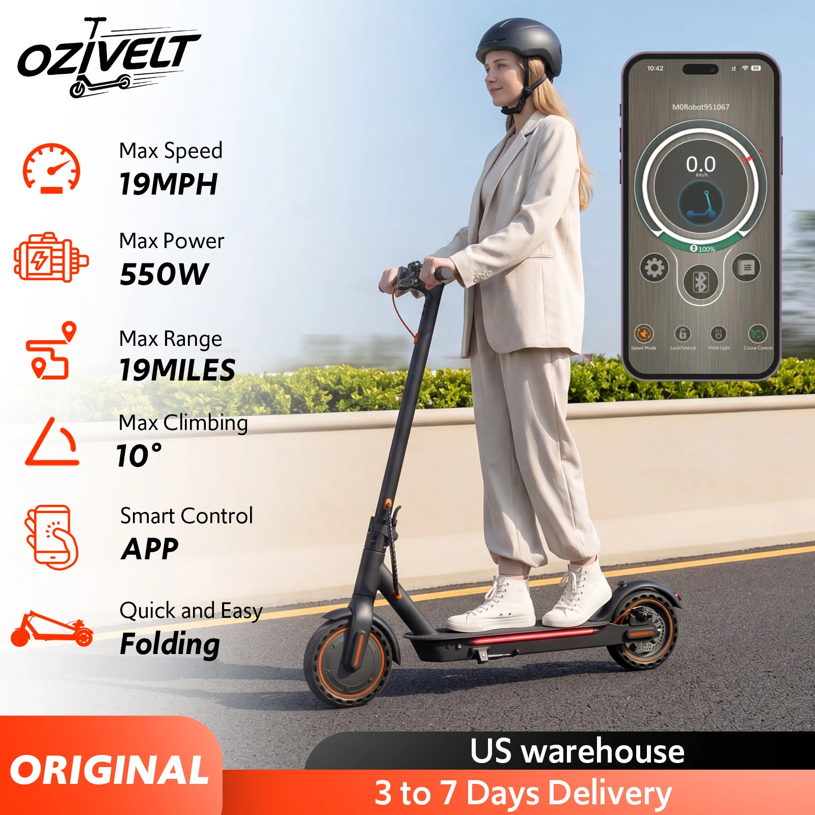 Electric Scooter Adults, Folding E Scooter with Built in Side Light, Max 19MPH, 12-19Miles Range, 550W Powerful Motor