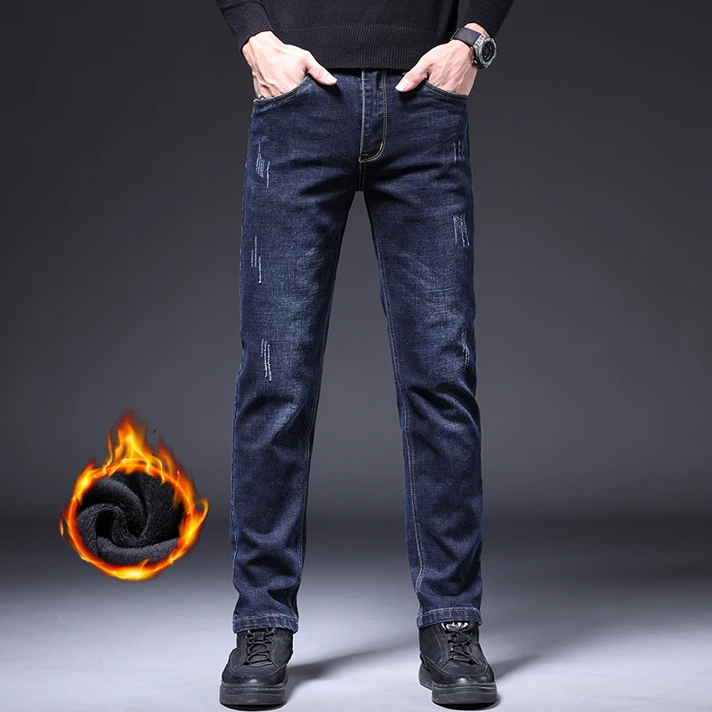 

Slim Stretch Men's Fleece Jeans Winter Thickened Vintage Comfortable Washed Velvet Trousers Male Brand Warm Plush Pants