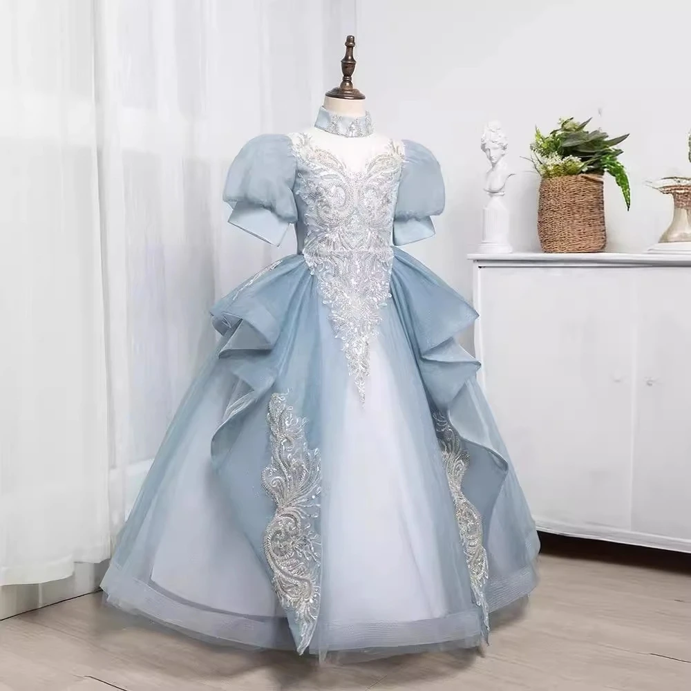 Graceful Blue Girls Princess Dresses Birthday Party Fashion Puff Sleeves Embroidery Beads Ball Gown Kids Wedding Guest Clothes