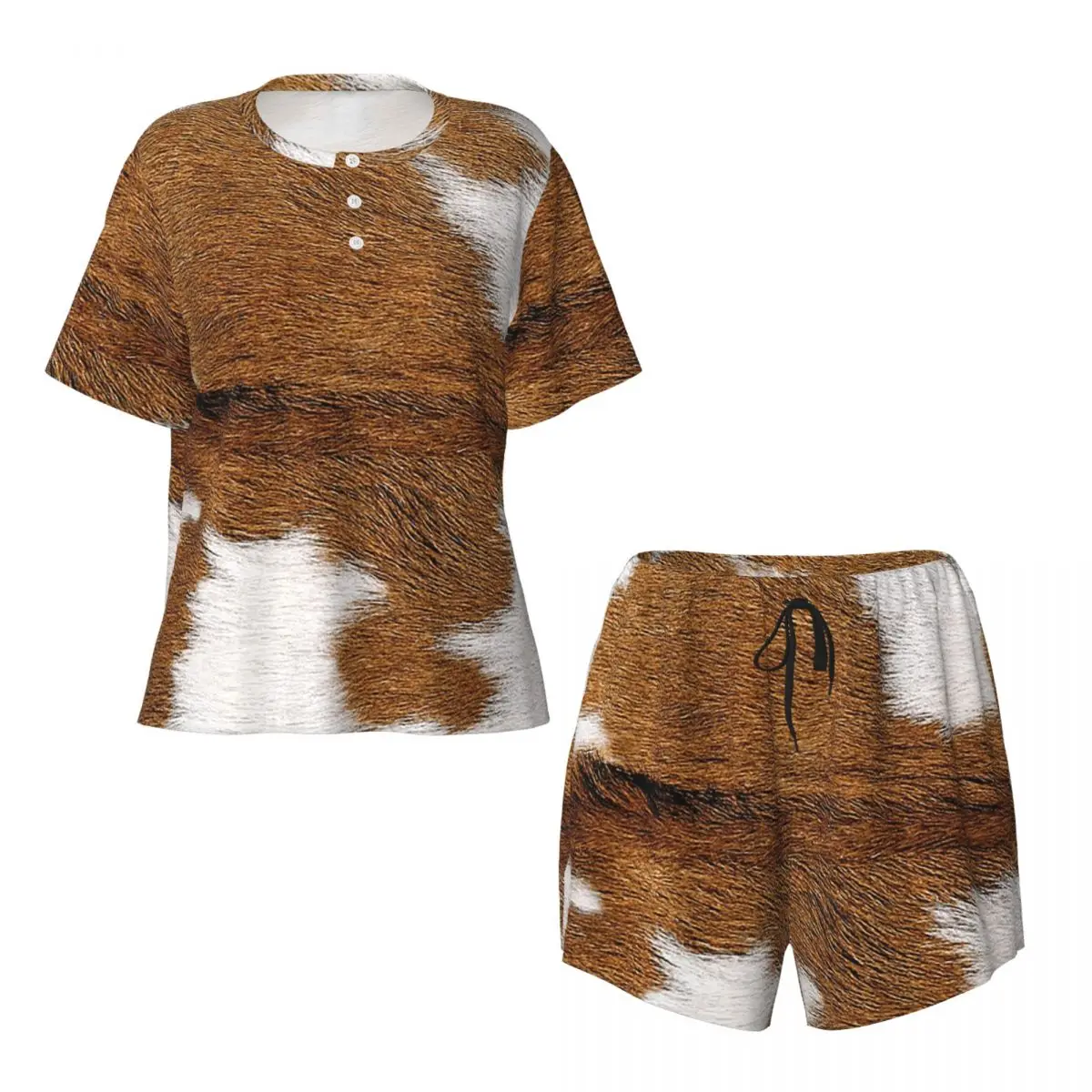 

Stylish Cow Fur Cowhide Texture Cow Skin Print Round Neck Short Sleeve Nightgowns for Sleeping Women Pajama Set Short Pants