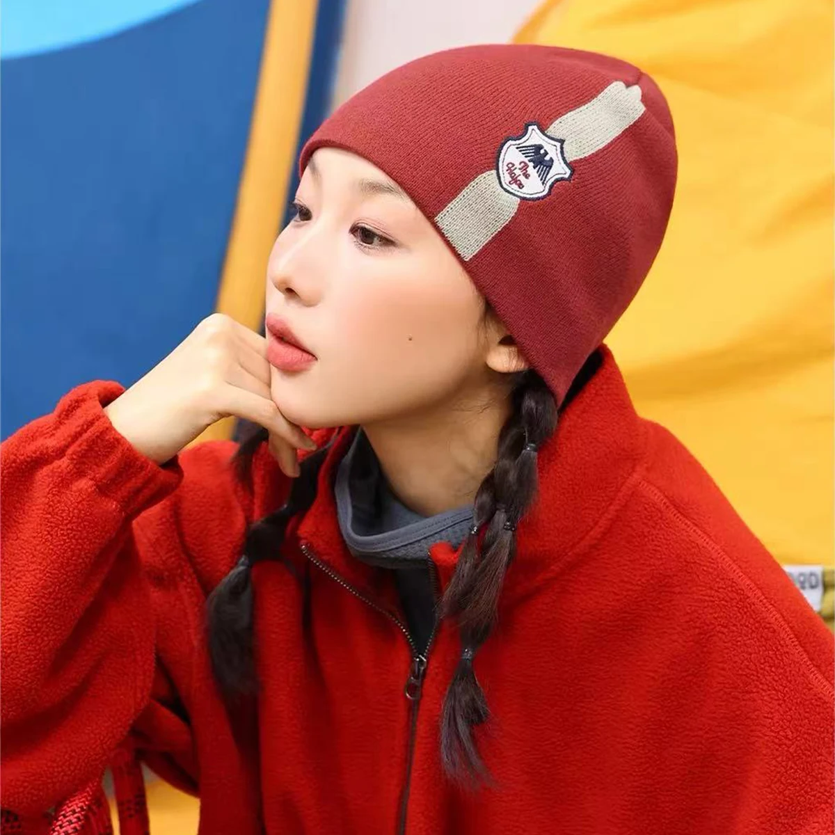 Retro Niche Badge Letters Embroidery Knitted Hats New Men Women Warm Personal Versatile Color Block Fashion Street Ins Beanies 4