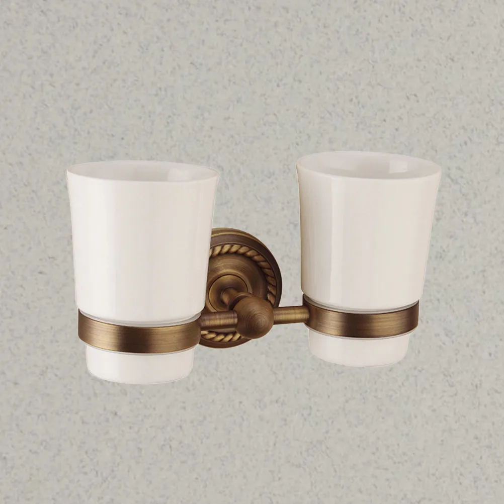 Double Cup Wall Mounted Toothbrush Holder Polishing Copper Ceramic Cup Rack Bathroom Rust Free Organizer Toothbrush Shelf