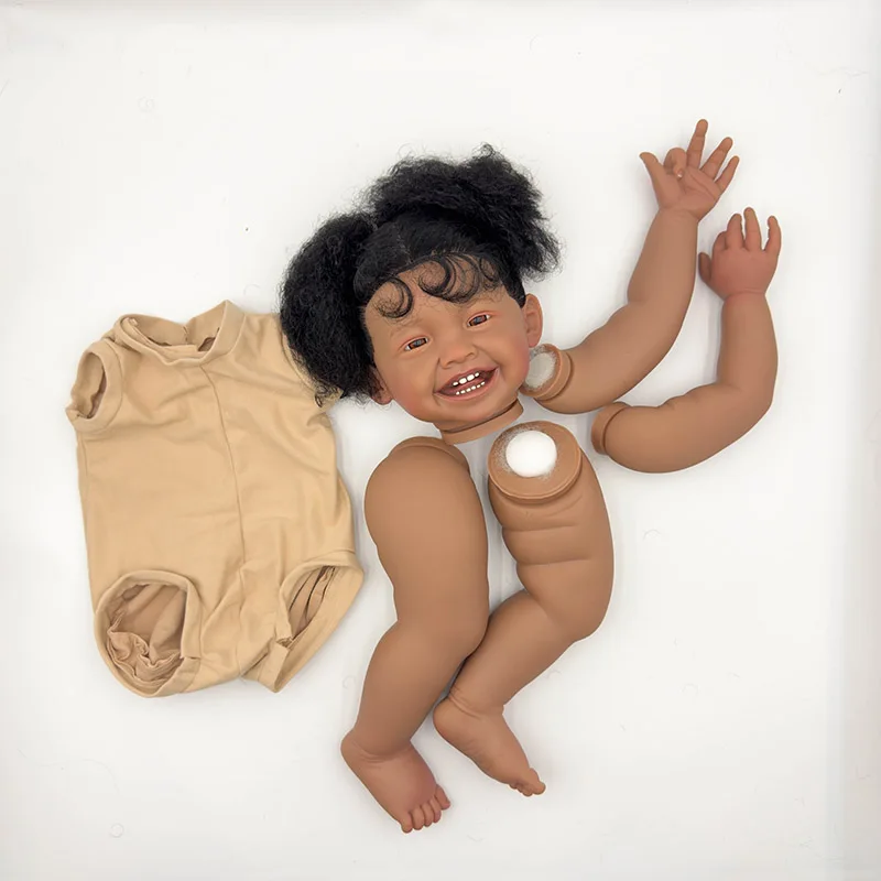 24inch Unfinished Reborn Doll Kit Mila Dark Brown Skin Lifelike Painted DIY Toy Doll Parts with Curly Black Hair