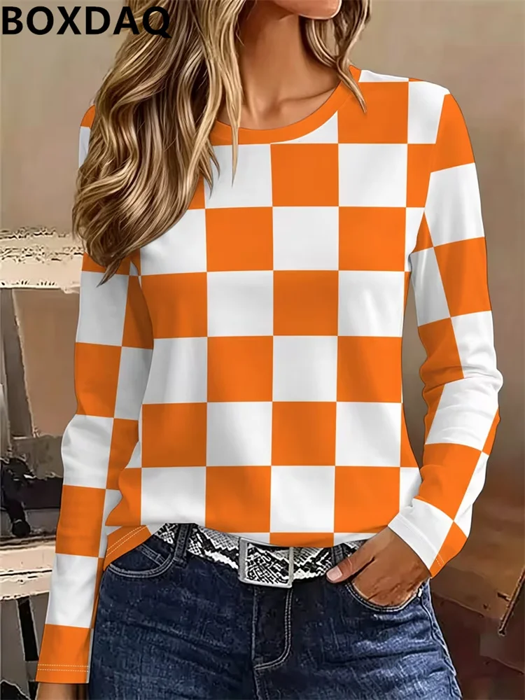 New Long Sleeved Round Neck Women's T-Shirts  Orange And White Checkered Printed Casual T-Shirt For Commuting Office Women's Top