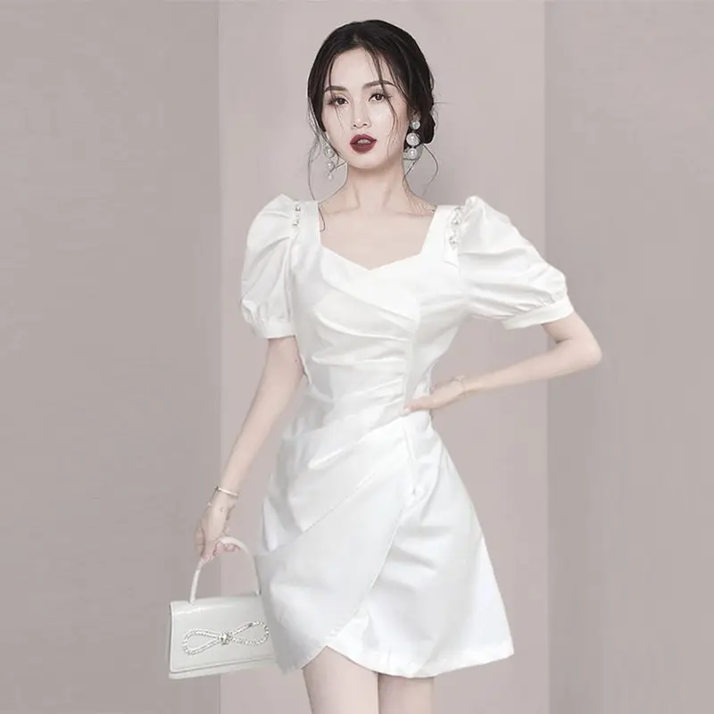 Luxury and high-end square neck waistband dress female 2023 summer solid short sleeve westernized women A-line dress female tops