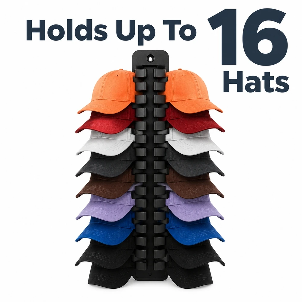 Wall Mounted Hat Organizer for 16 Caps No Drill Adhesive Hook Rack Saves Space in Closet Dorm Office