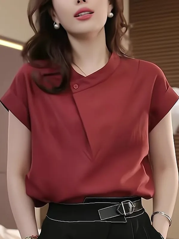 

Retro Faion Red Asymmetrical Collar Design ort Sve irt Women's Simple Personali Top Korean Sle Loose Fit Summer