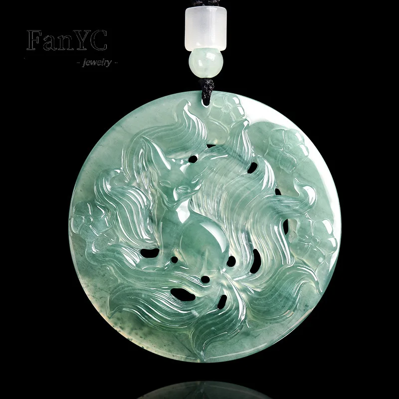 

Natural Jadeite Blue Water Nine-tailed Fox Pendant Exquisite Charm Ice-type Jadeite Necklace Men's and Women's Holiday Gift