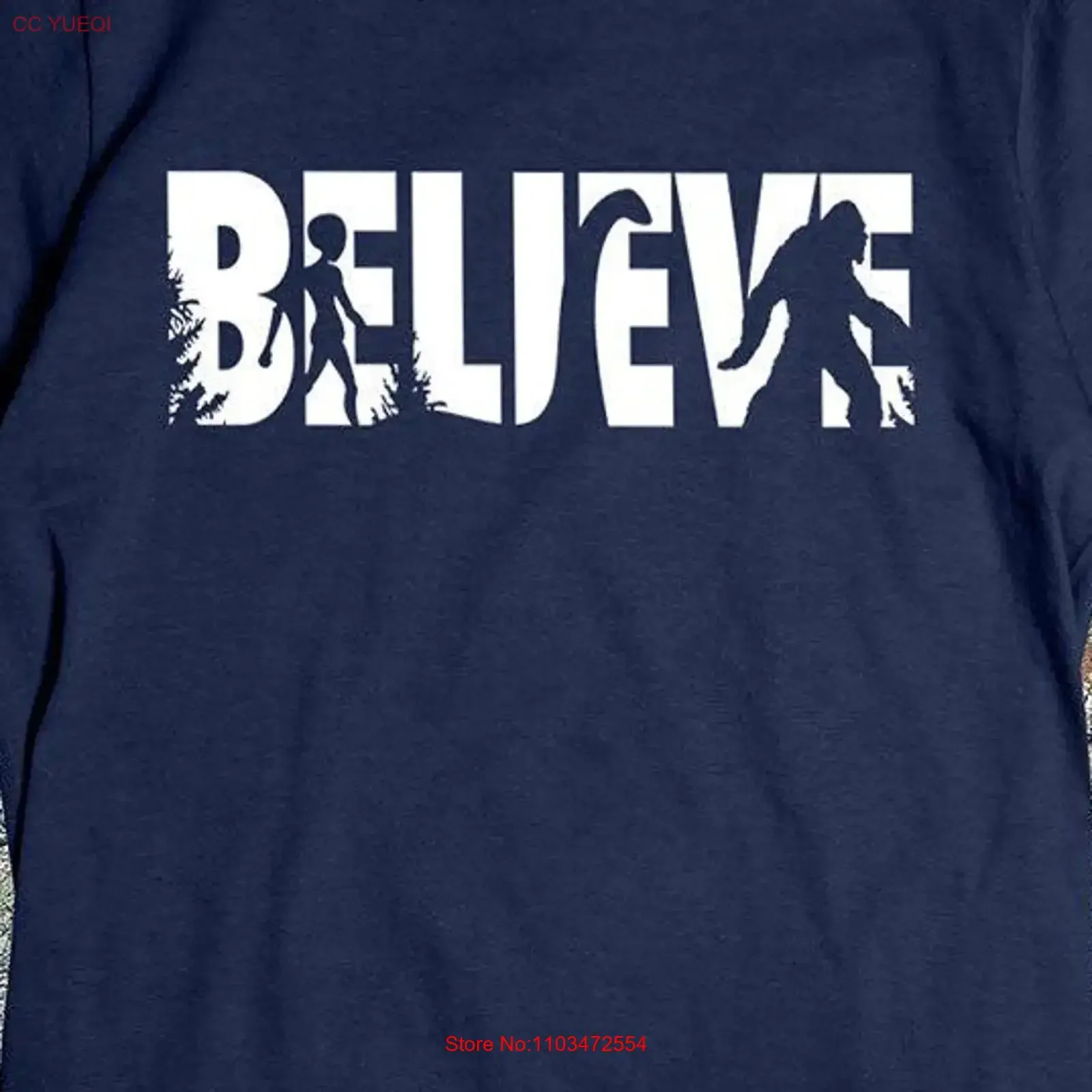 T-shirt Bigfoot vintage lavé, motif 'Believe Big 3' Alien Sasquatch Dinosaure Forêt Arbres Nature Faune, pour usage quotidien