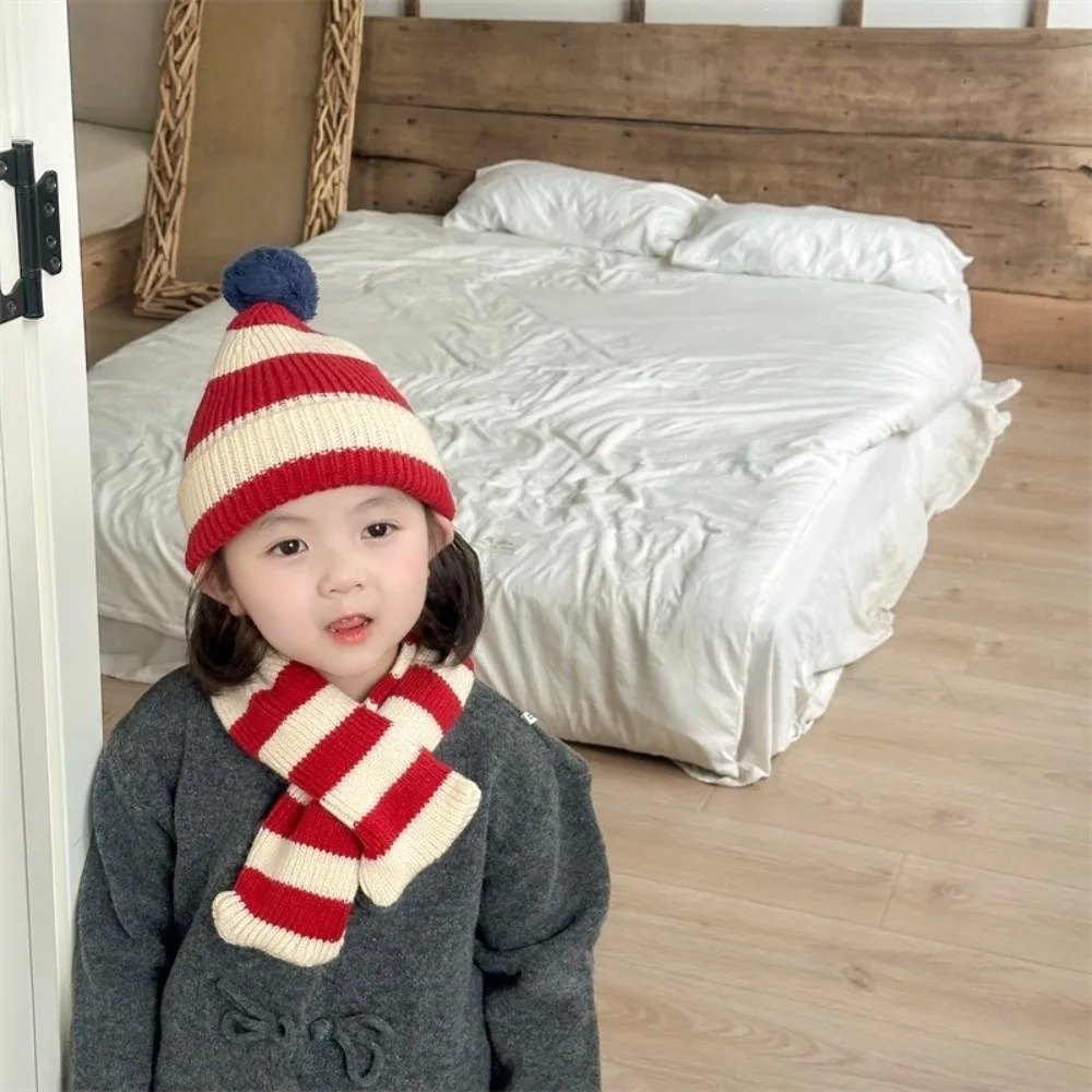 2-in-1 Set Winter Hat Set Knit Design Pom Pom Top Knit Pom Beanie Classic Striped Matching Scarf Striped Hat Scarf