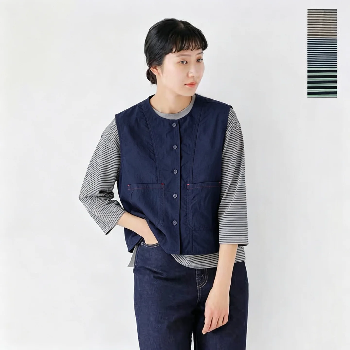 Spring New Style Japanese Back Label Artistic Retro Vest Pocket Short Women's Vest Loose Fit round Neck Single Button Closure