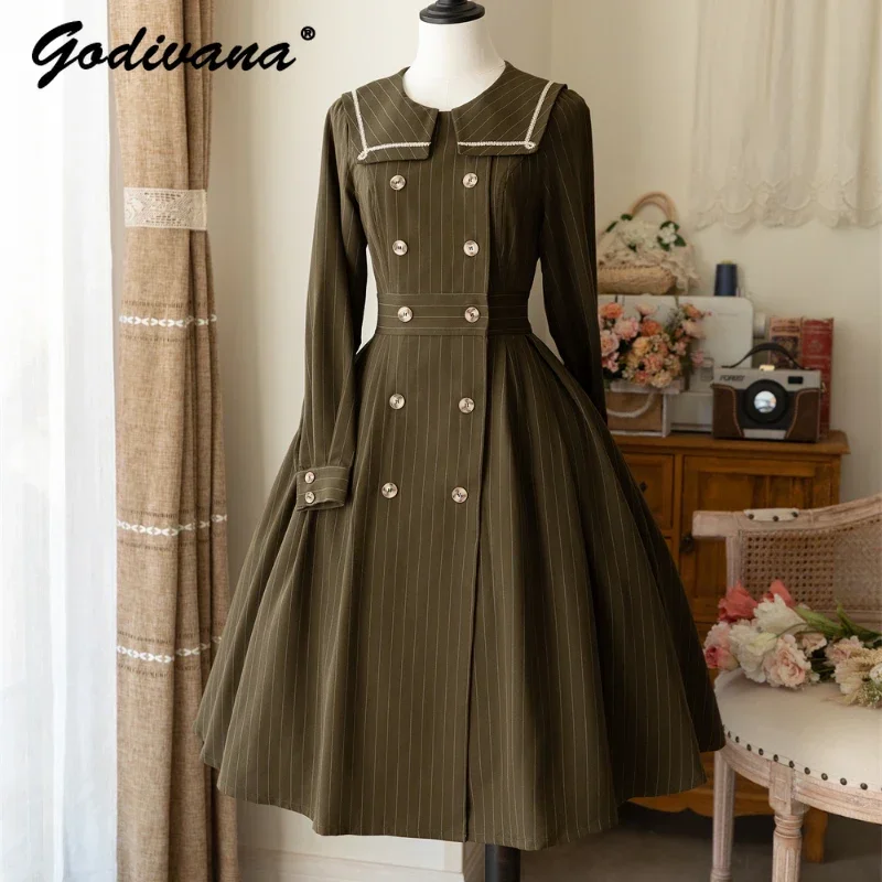 Original New Autumn and Winter CLA Lolita Striped Dress Women's Slim Long Sleeve Double-breasted Trench Dress Fashion Coat