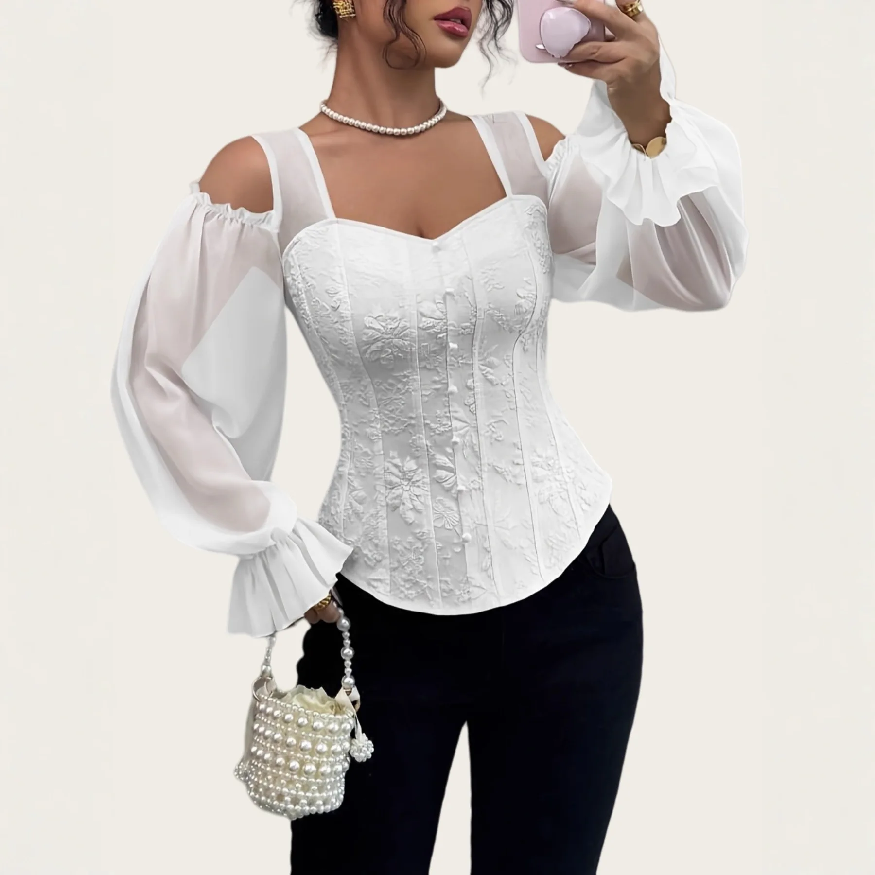 T shirt women 2026 fashion off-the-shoulder floral jacquard square-neck long-sleeved form-fitting tshirt women's clothing