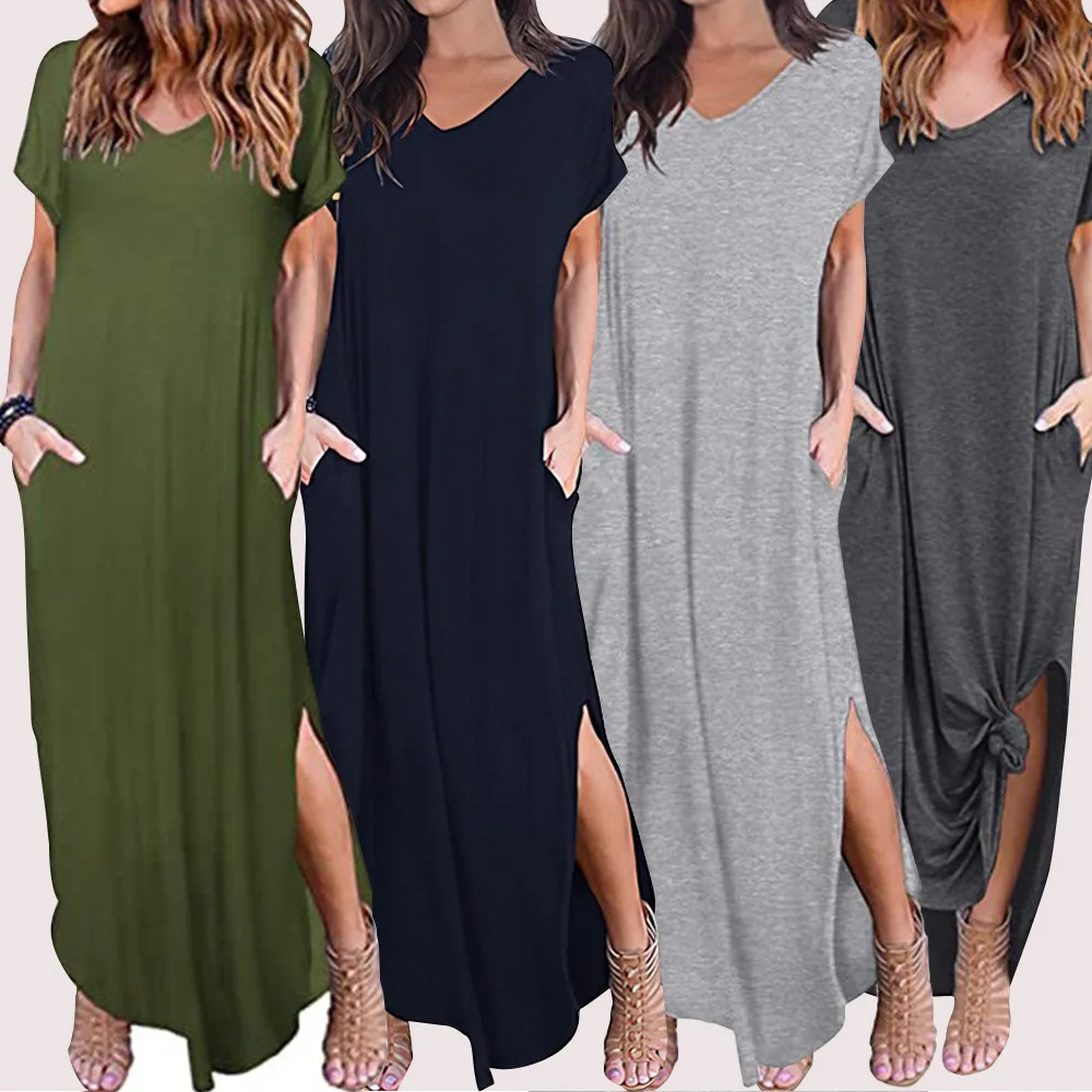فستان نسائي بفتحة رقبة على شكل حرف V ، ثوب نسائي ، ملابس خروج كاجوال ، أحادي اللون ، جيب ، موضة مكتبية ، ملابس منزلية جديدة ، صيف ،