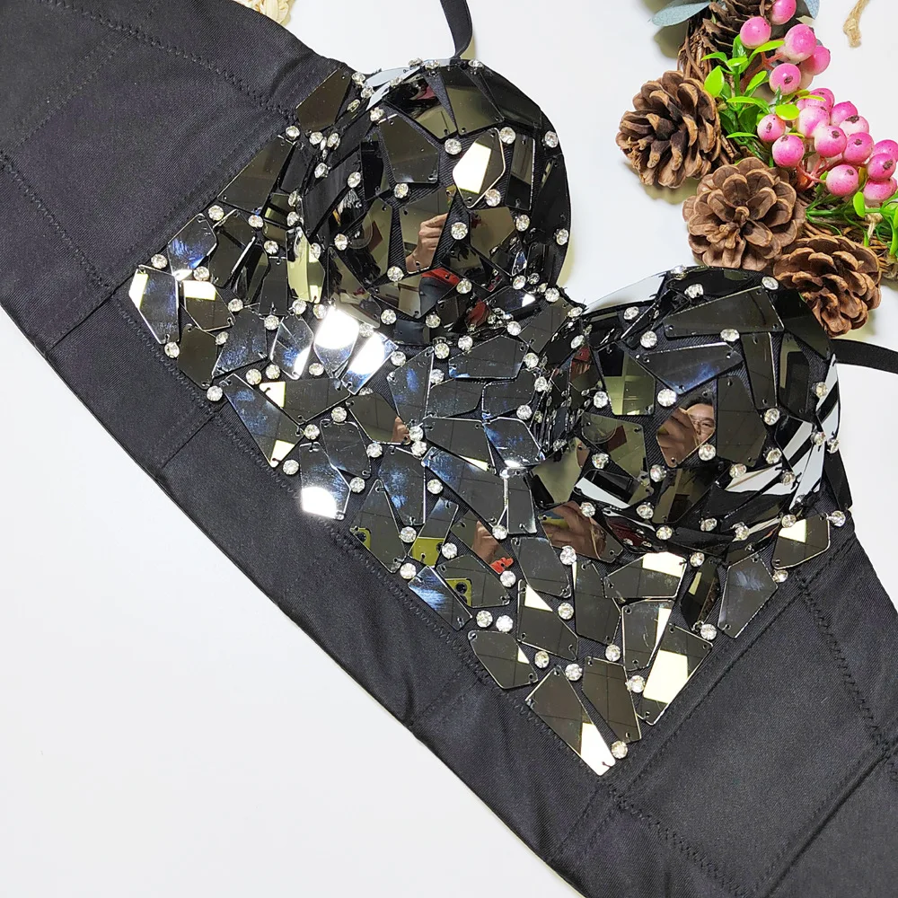 Sparkling Rhinestone Acrylic Beaded Bustier Mirror Lens Fishbone Halter Top Sexy, Form-Fitting, Slimming Party Dress