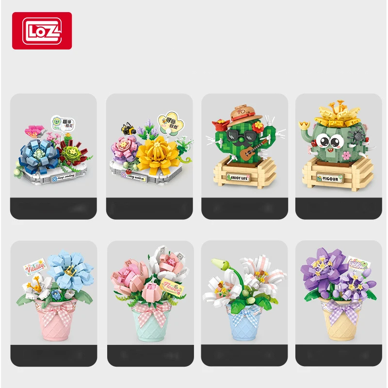 LOZ Plant Series potted Cactus Rose Bouquet Lily potted Cactus Gentian flower model building blocks for girls and children