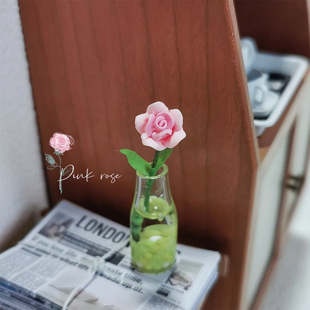 Miniature Dollhouse Miniature Rose Model Flower Vase Creative 1:12 Scale Dollhouse Flower Toy Mini Floral Rose