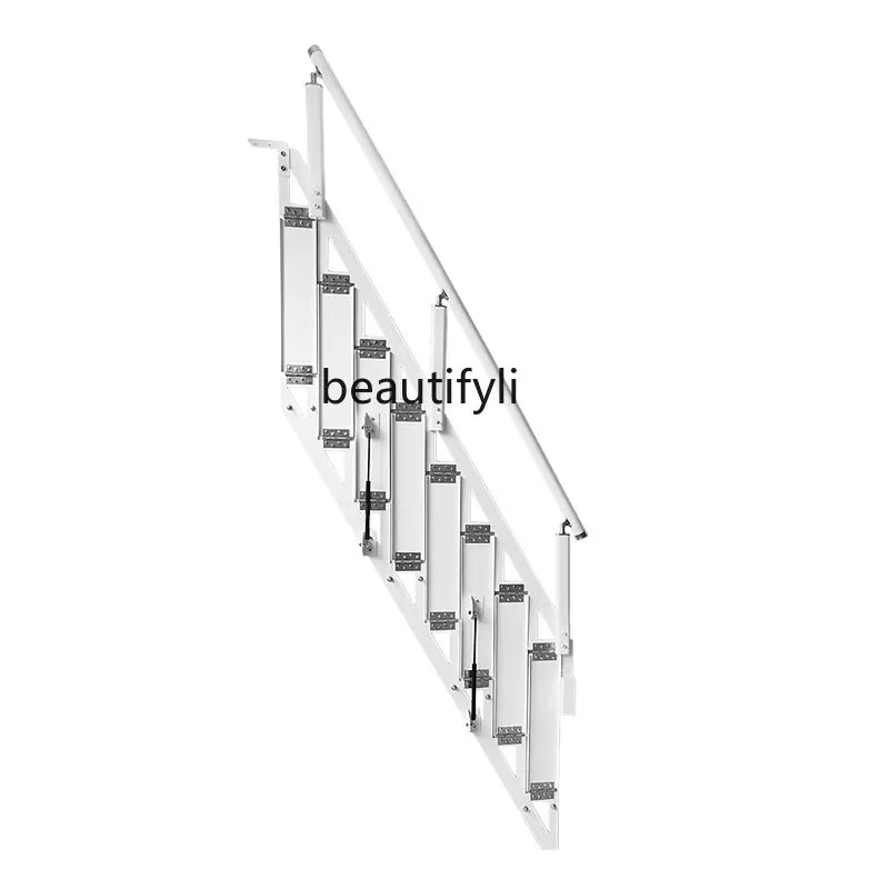 zq Pedal Folding Wall-Saving Place against the Wall Stairs Steel Wood Oblique Beam Straight Ladder Duplex Folding Stairs Attic