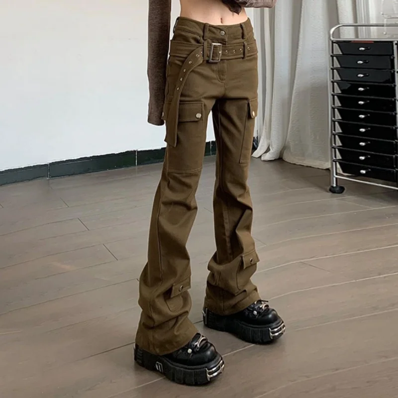 2024 Ropa Y2K Fashion Vintage Brown Hotsweet Slim Flare Cargo Pants For Women Clothes Multi Pockets Underwear Lady Long Trousers