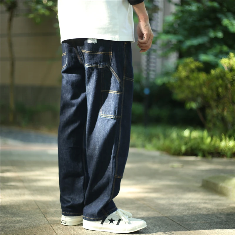 

Мужские джинсы-карго из денима в японском стиле, свободного прямого кроя, модные, осенние, цветные, широкие, укороченные (до щиколотки)