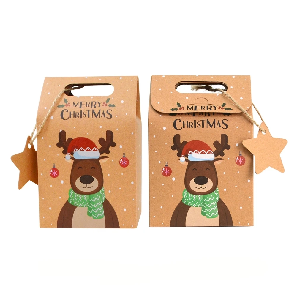 6pcs Christmas Gift Box Kraft Cartoon Santa Claus Cookies Candy Packing Paper Bags Merry Xmas Happy New Year Party Decorations