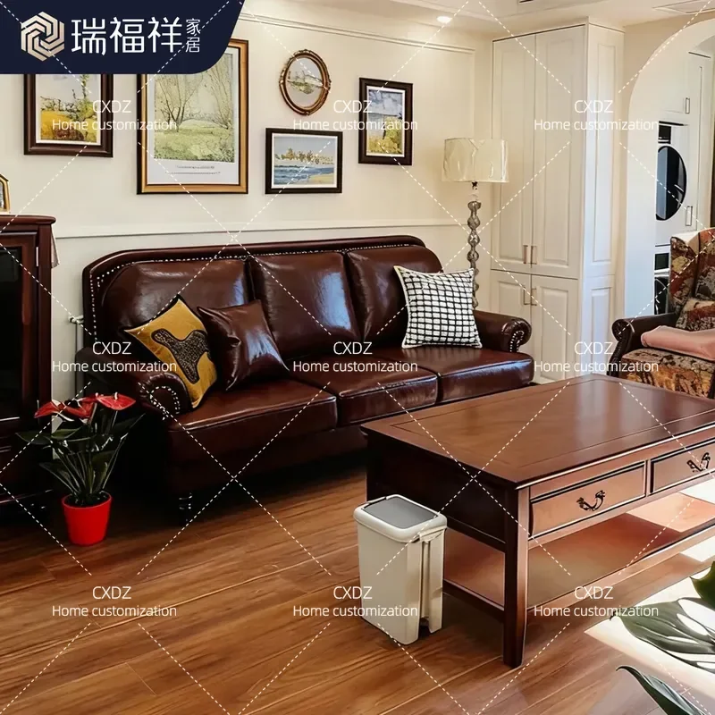 American Retro Leather Sofa Straight Row Antique Style Living Room Pull Button First Layer Cowhide Sofa Combination Villa