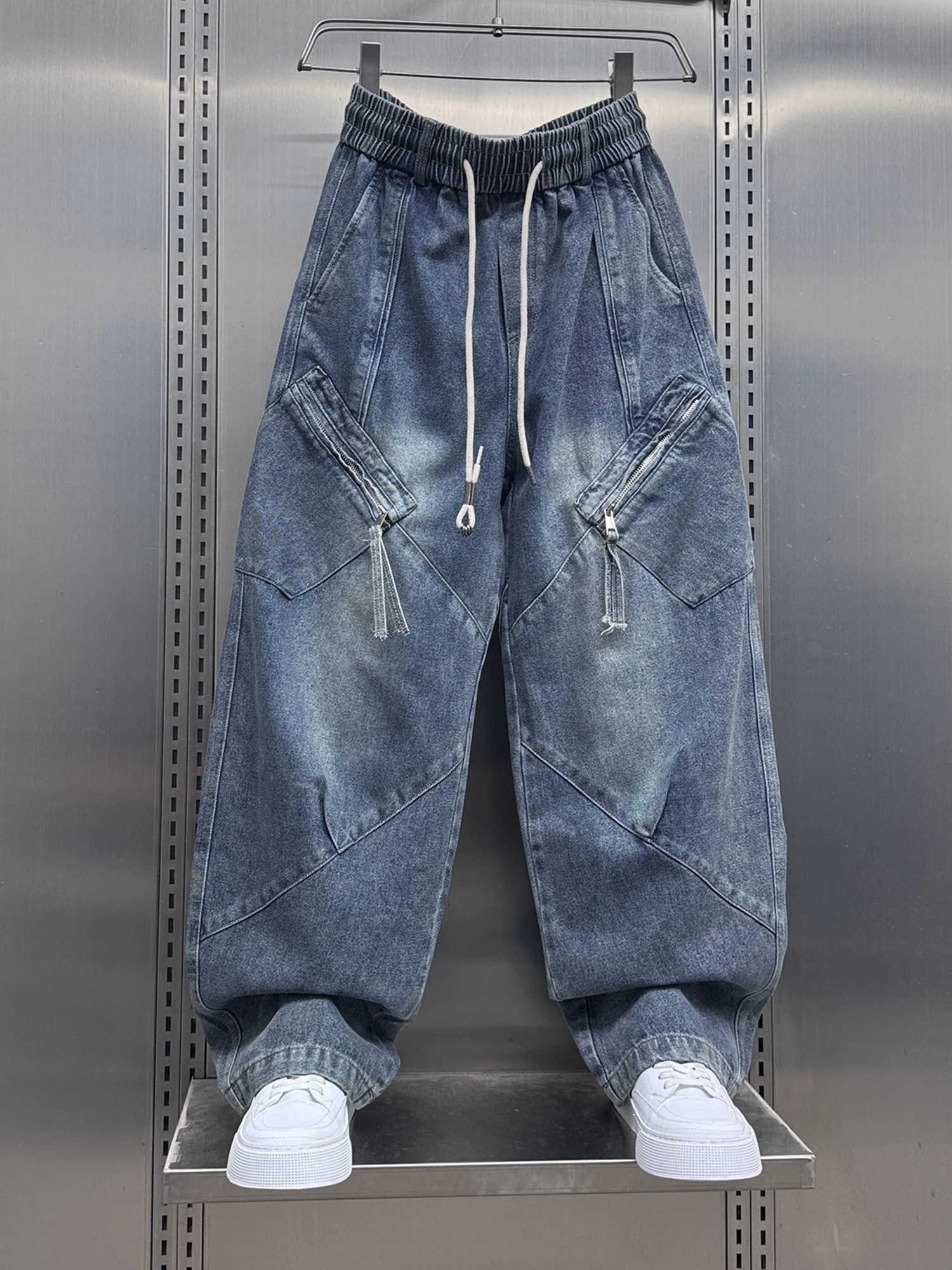 American Style Casual Cool Streetwear Men's Jeans Loose Patchwork Design Straight Leg Wide Leg Workwear Denim Pants