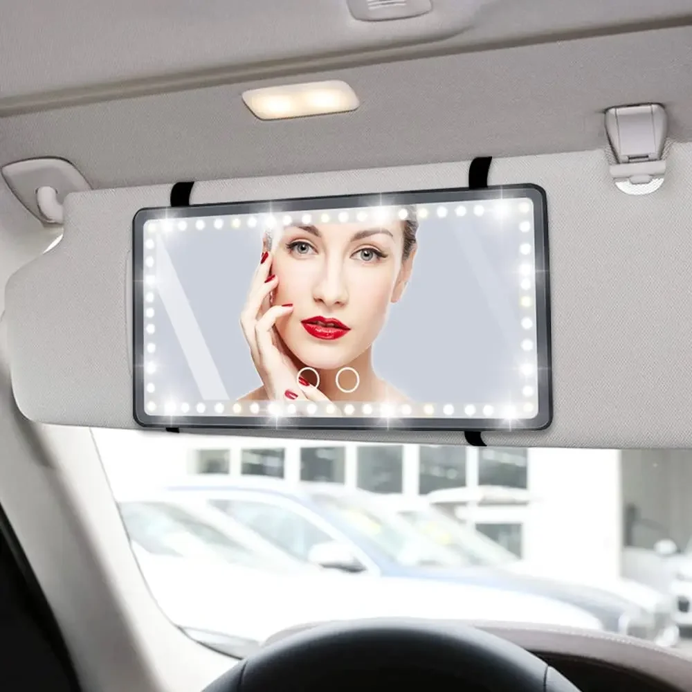 Car Vanity Mirror USB Rechargeable  Makeup Visor Mirror with LED Lights for Car Rear View  Sun-Shading Cosmetic Mirror