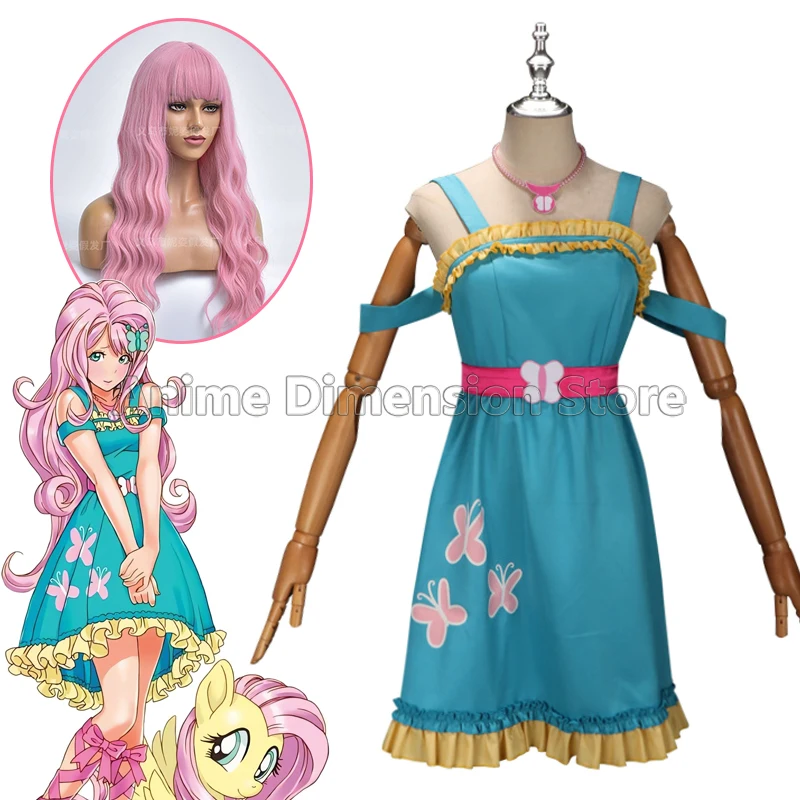 Fluttershy Human Cosplay Costumes,Dress And Wig, Anime Role Play Uniform, Halloween Carnival Party Outfit For Women