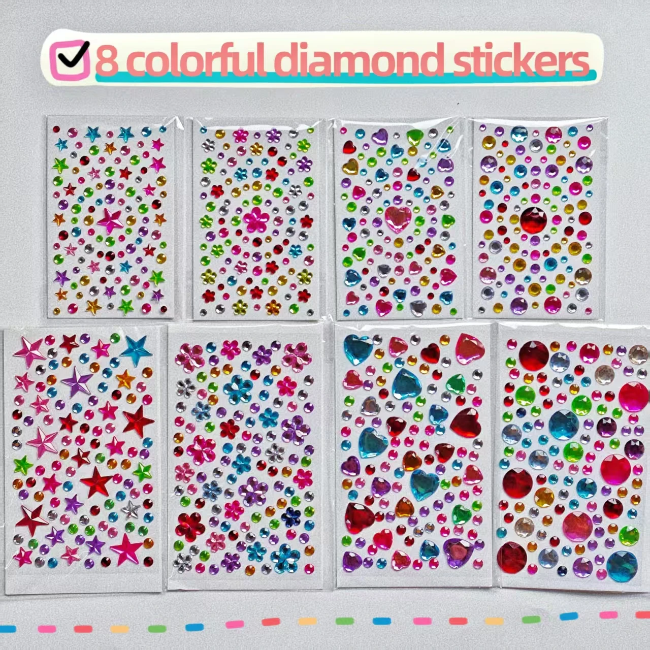 8 Pieces of Colorful Acrylic Diamond Stickers, Face Stickers for Decoration, Handmade Embellishments, Star and Flower Rhinestone Stickers, Heart-Shaped, Round, Shiny Rainbow Gems, Suitable for Nail Art, Crafts, Phone Cases, and Photo Albums