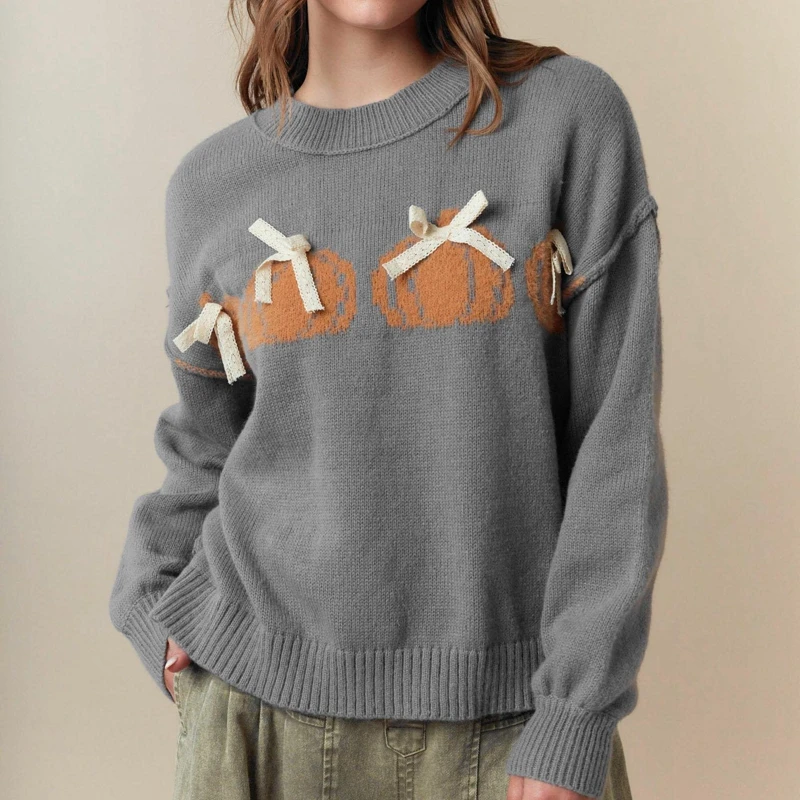 Combhasaki Donna Halloween Maglioni lavorati a maglia Manica lunga a costine Girocollo Fiocco Decor Zucca sfocata Maglieria Pullover Maglioni caldi