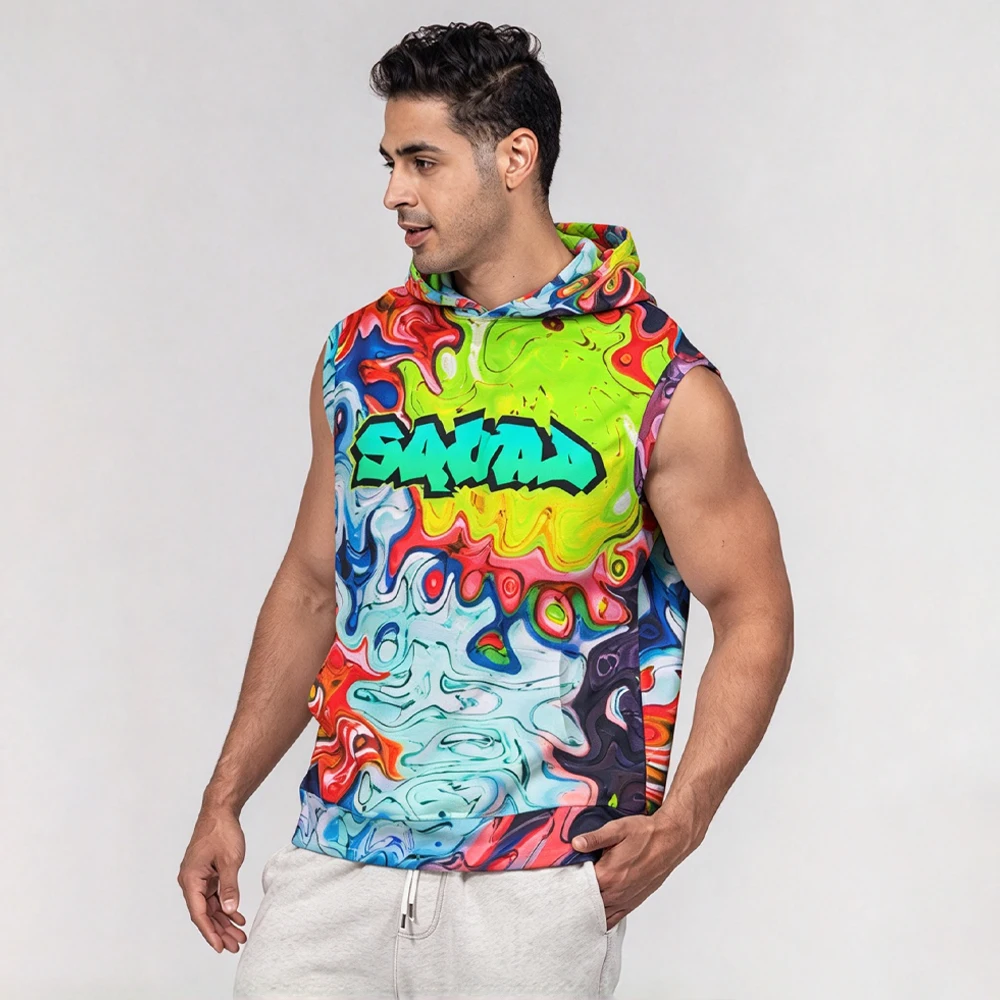 Men's Marble Graffiti Print Sleeveless Hoodie Oversized 3D Print Streetwear Casual Gym Muscle Tank Top Workout Hooded Vest 2026