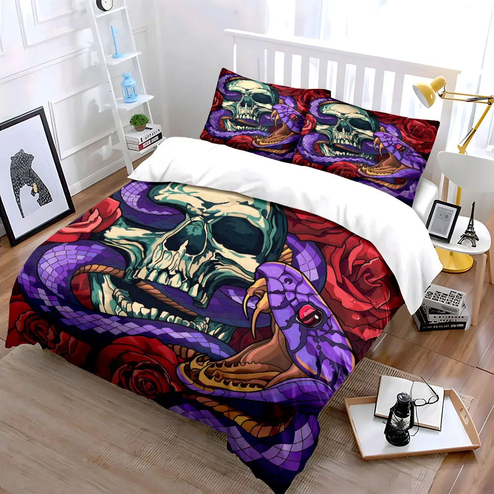 Skull Snake Roses Dark Art Bedding Set for Kids Luxury Gift 3pcs Digital Print Comforter Set Soft Comfortable Breathable