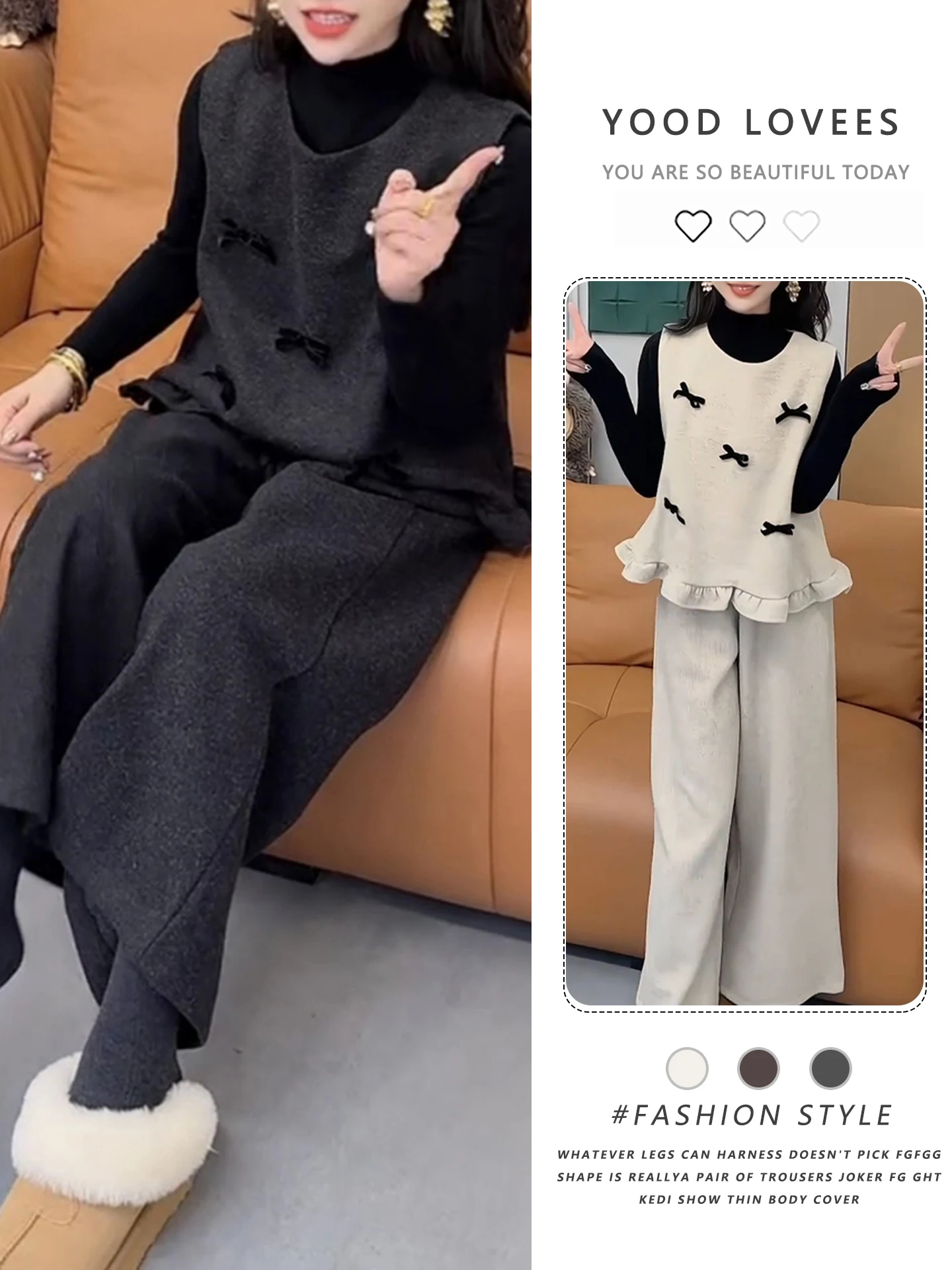 

Fashionable Three-Piece Set Women's Korean Style Knot Vest T-Shirt Wide Leg Pants Age-Defying Winter Outfit