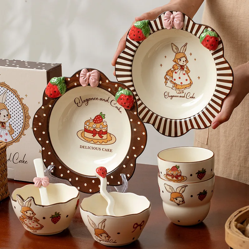 

New Rabbit Ceramic Bowl and Dishs Set Underglaze Colored Tableware Set High Value Rice Bowls Eating Bowl Soup Bowls Soup Plates