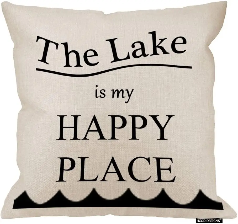 The Lake Is My Happy Place Pillowcase, Lake House Decor Cushion Cover, Summer Cottage Living Room Sofa Throw Pillow Gift