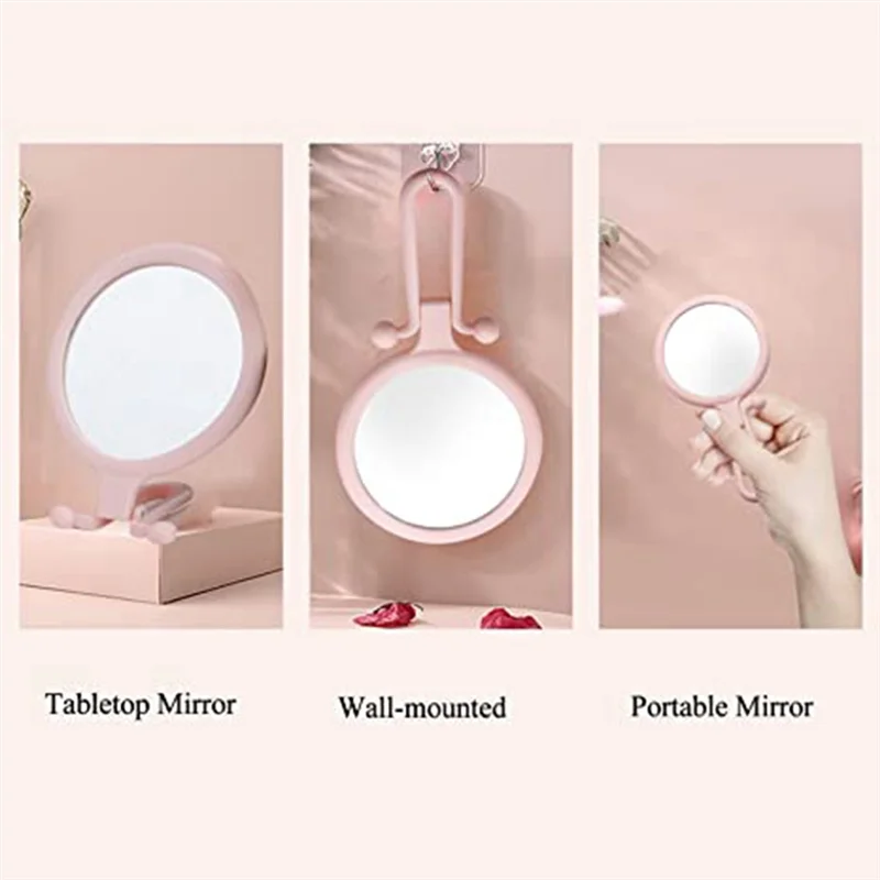 L73A 2025-10X Handheld Magnifier, Double Sided Folding Makeup Mirror, Portable Handheld Mirror With Adjustable Handle(Pink)