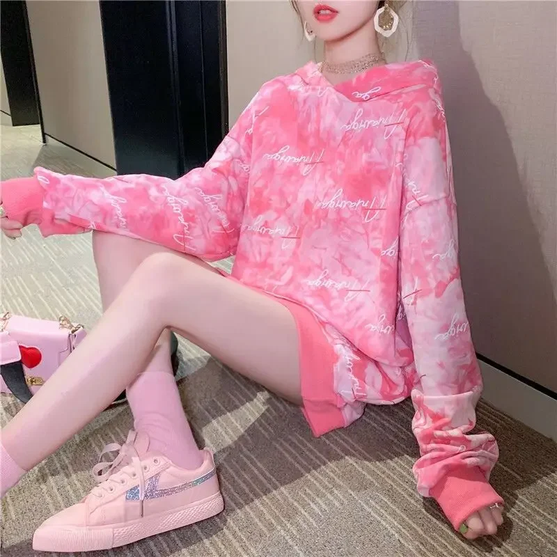 Bluzy damskie z kapturem Baggy Female Top Pink With Orint On Hoodies Loose Blue Essential High Quality Harajuku Fashion Coat E