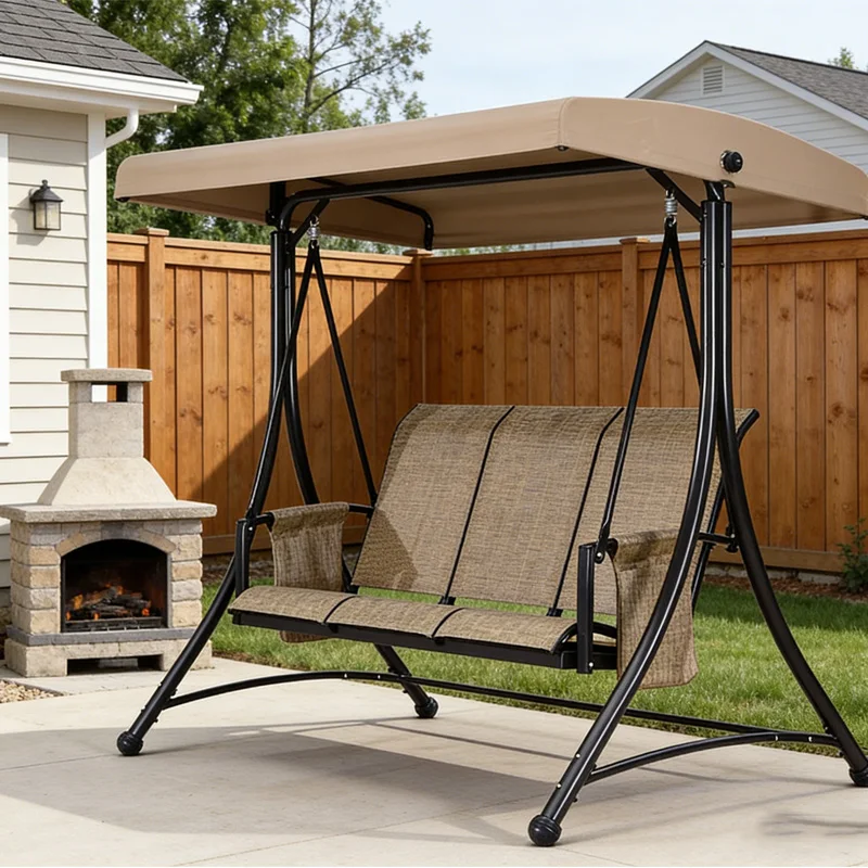 Modern Iron Outdoor Hanging Chair with Waterproof Fabric Cushion 3-Seater Patio Swing Sunshade for Courtyard & Exterior Use