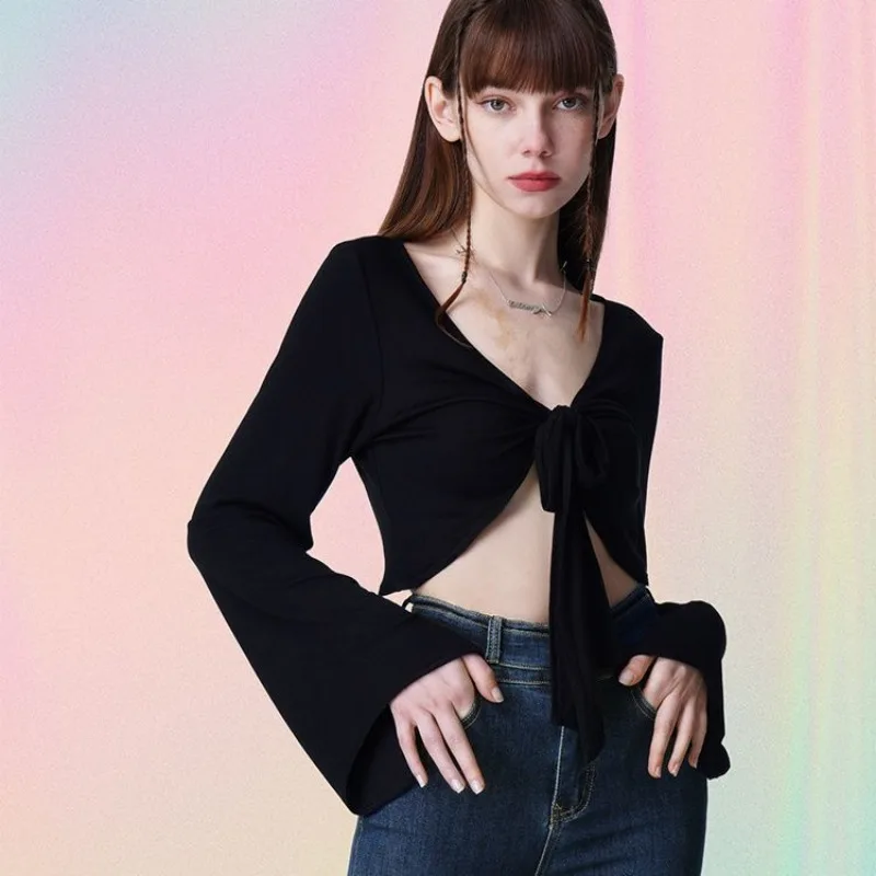 Women Hong Kong Style Flare Sleeve Knit Shrug Back Tie Short Sun Protection Cardigan Beach Cover Up S M L XL