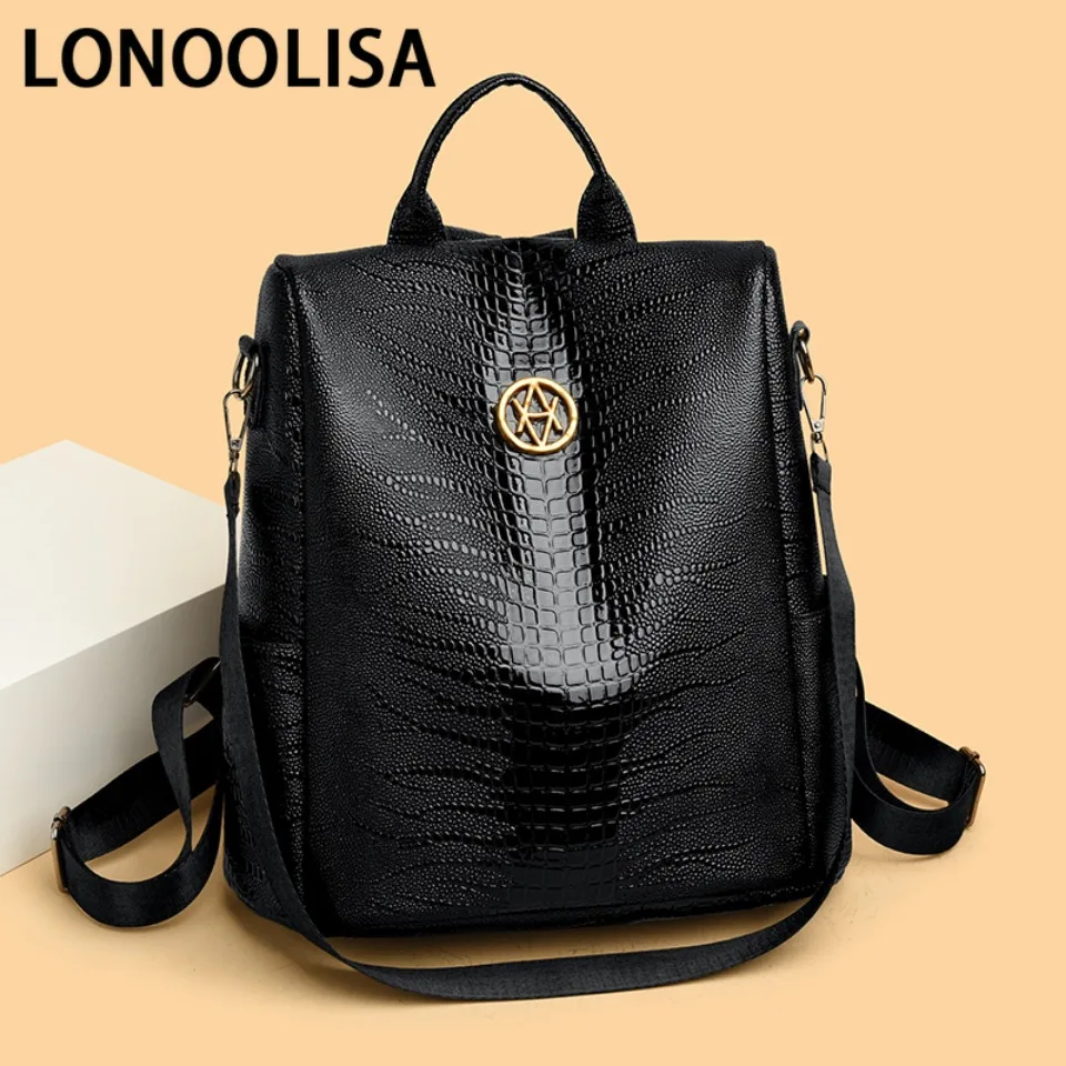 LONOOLISA Luxury Women's Designer Brand Backpack Multi-functional Travel Rucksack High Quality PU Leather Sac A Dos School Bag