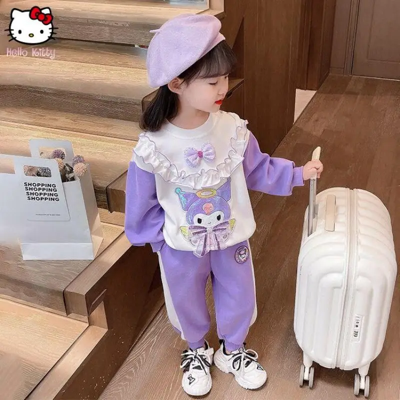 

New Kawaii Kuromi Girls Sweatshirt Suit Sanrio Anime Spring Autumn Casual Cartoon with Light Tops Pants Hello Kitty Lace Sweater
