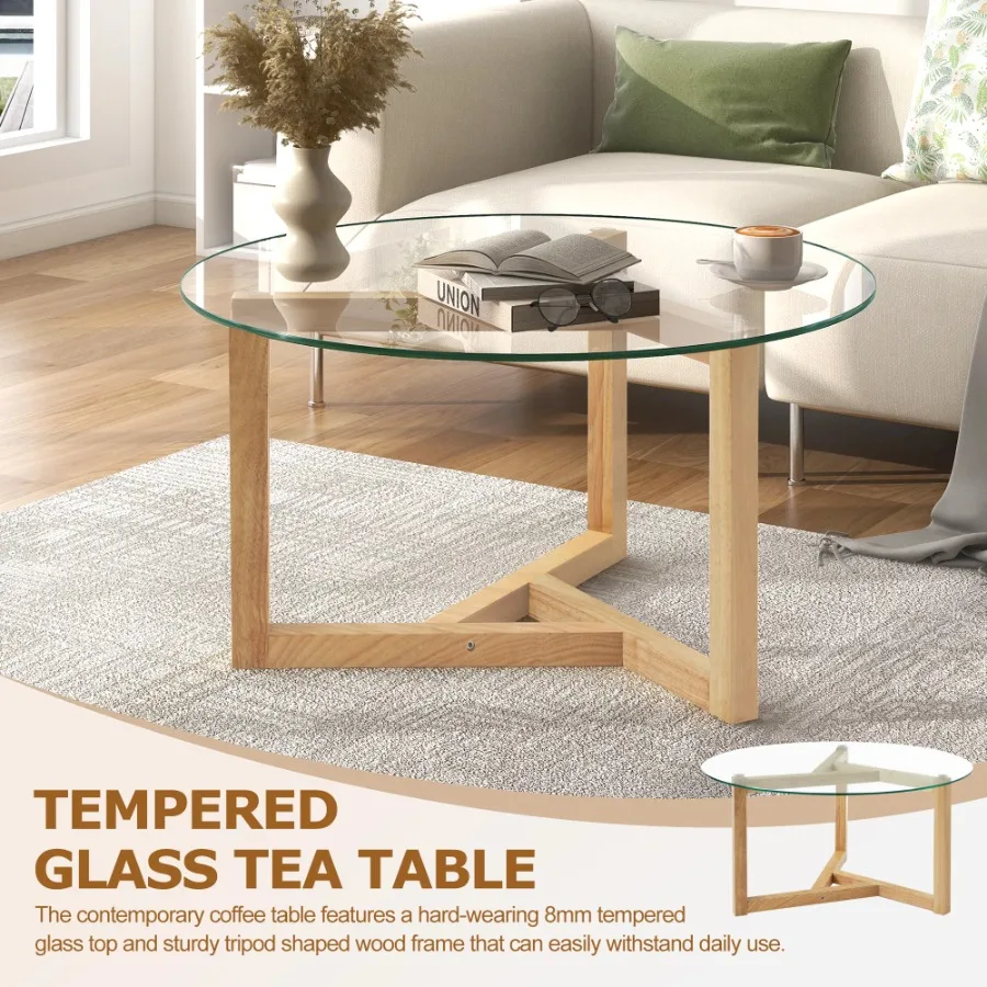 ON-TREND Round Glass Coffee Table Modern Cocktail Table Easy Assembly Tempered Glass Top Sturdy Wood Base Natural