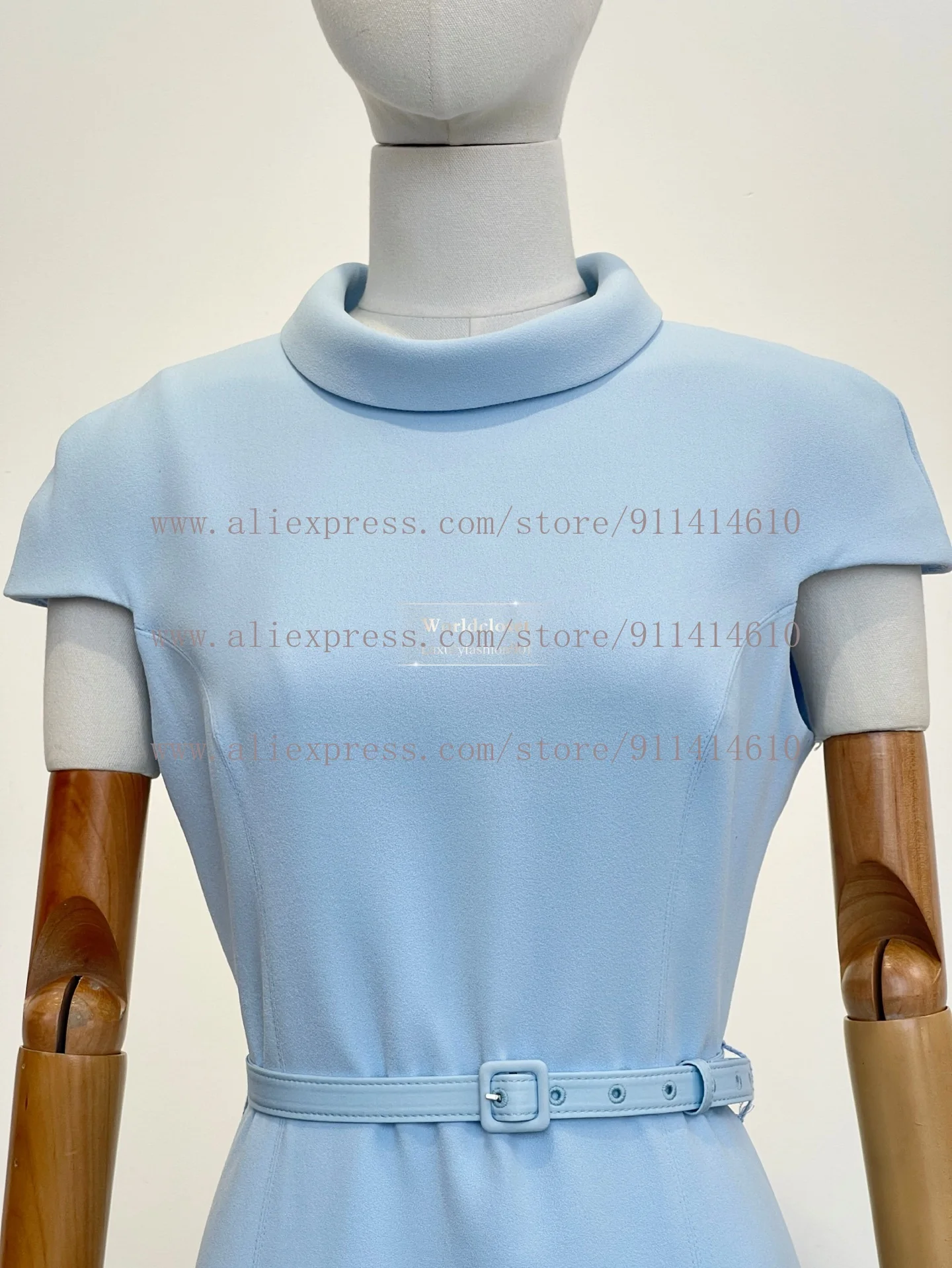 

Romantic Light Blue High Neck Cap Sleeve Belted Waist Floral Lace Hem Midi Dress