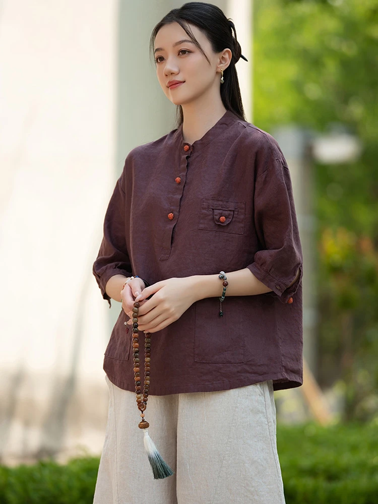 

High Quality Cotton Linen Casual Shirt Women New 2025 Summer Vintage Style Stand Collar Female Half Sleeve Tops Shirts T621
